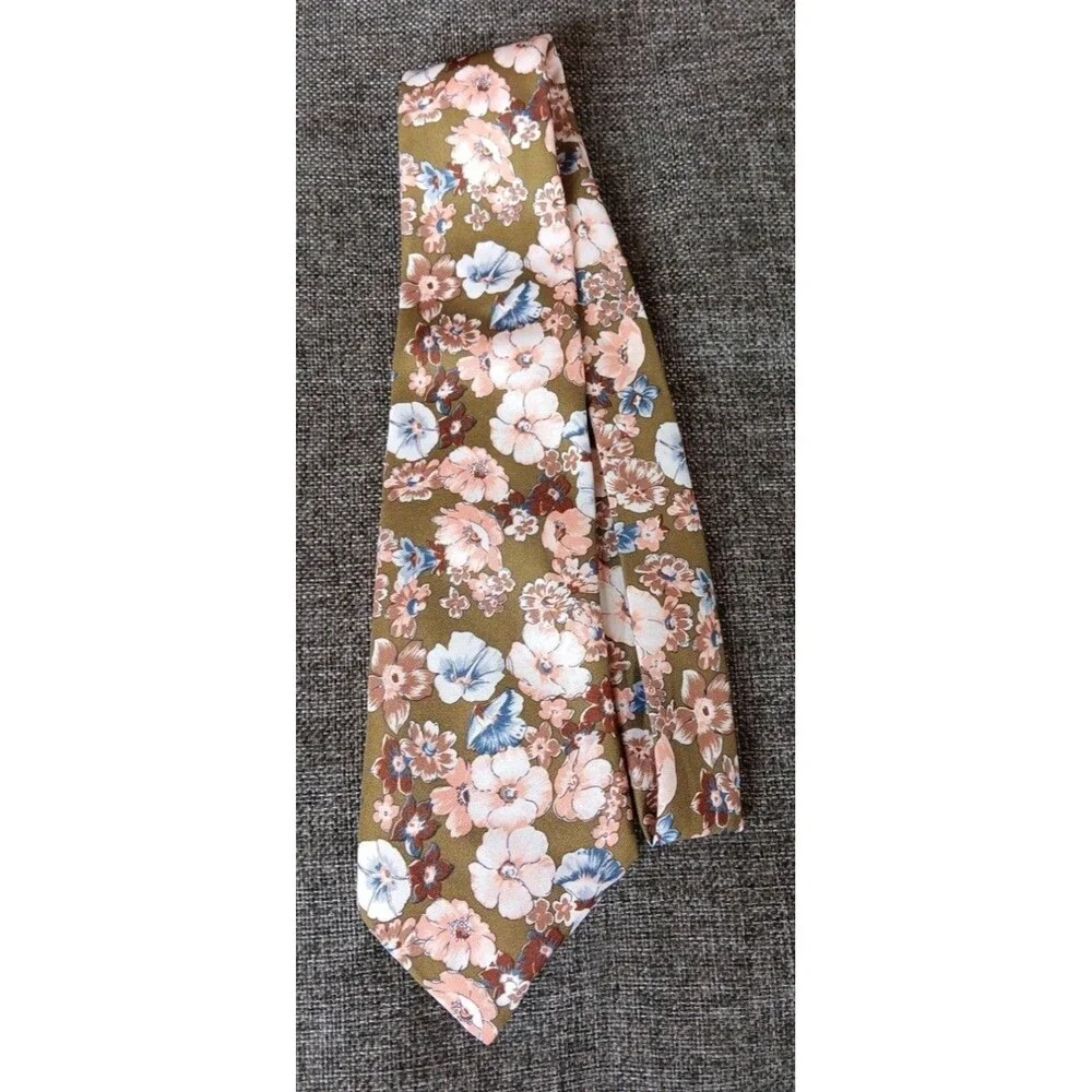 Tie 70s 80s 90s Y2K Mens Green Beige Blue Ivory Floral 3.75 Wide 56 Long